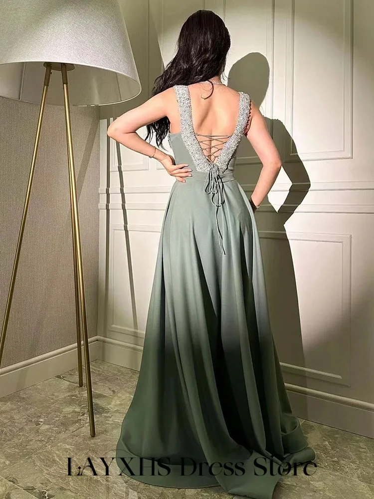LAYXHS Simples Verde Vestidos de Noite Pescoço Quadrado Brilhante Frisado A Linha Plissado Formal Festa de Baile Vestidos Personalizados فساتmaveraات