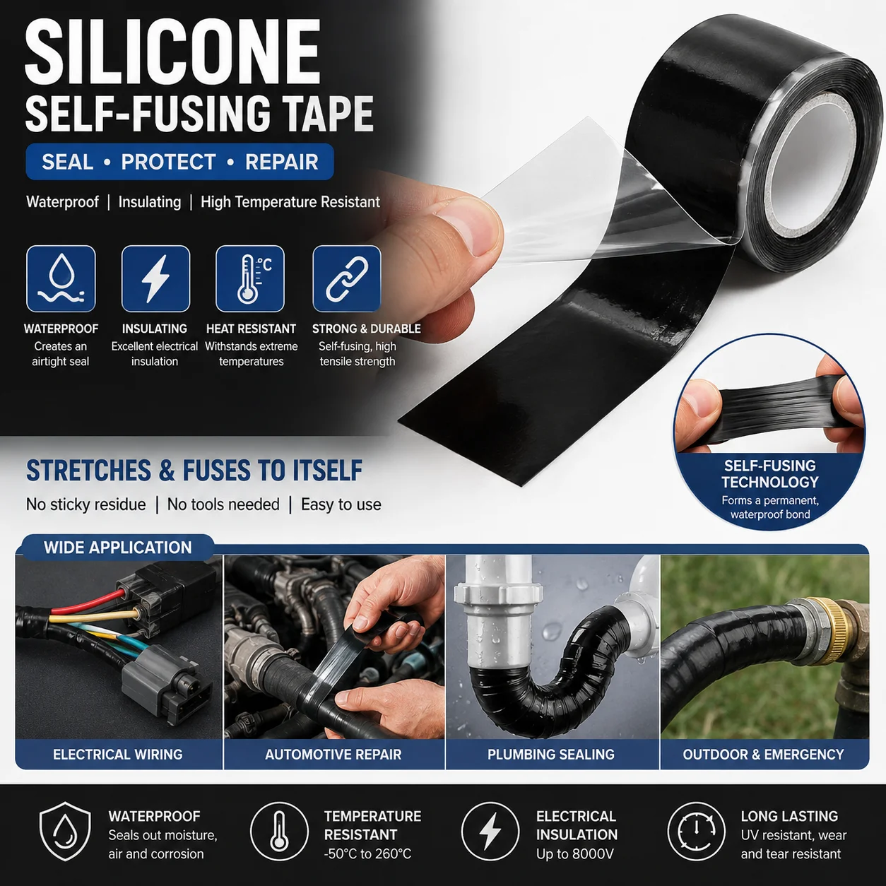 `Super‑Strong Waterproof Silicone Tape, Quick‑Fix Adhesive Leak‑Repair Sealant for Pipe, Hose, Pool & Plumbing Emergency Use`