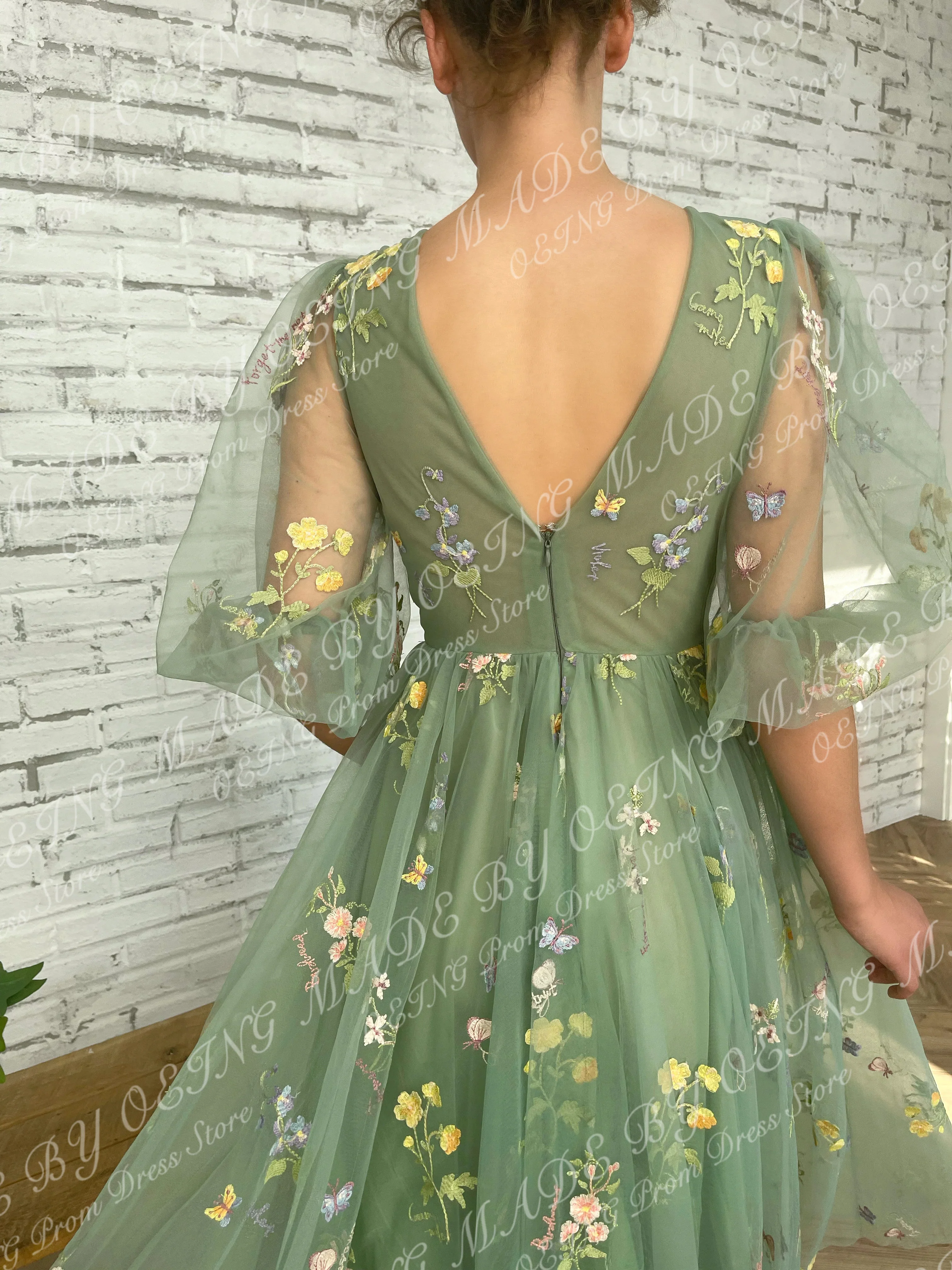 OEING Green A-LINE Evening Dresses Fairy Flowers Appliques V Neck Tea Length Short Sleeves Prom Dress For Special Occasion