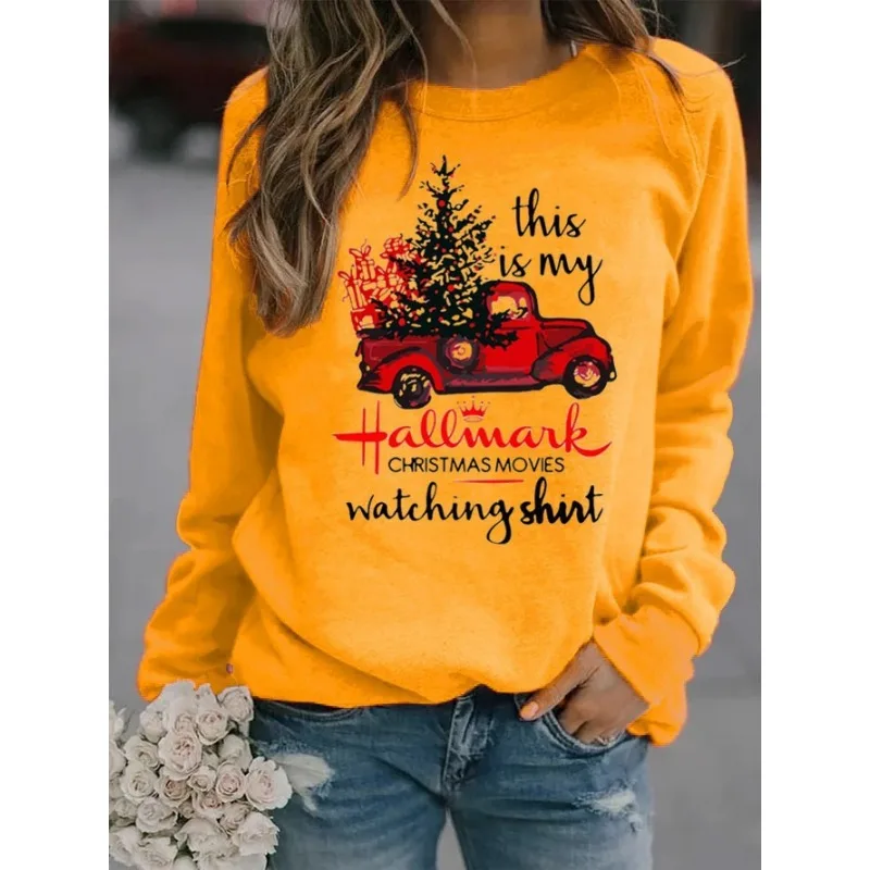 Christmas Tree Car Printed Long Sleeve Collar Loose Round Neck Hoodie Winter Autumn Graphic T Shirts  Women Clothing