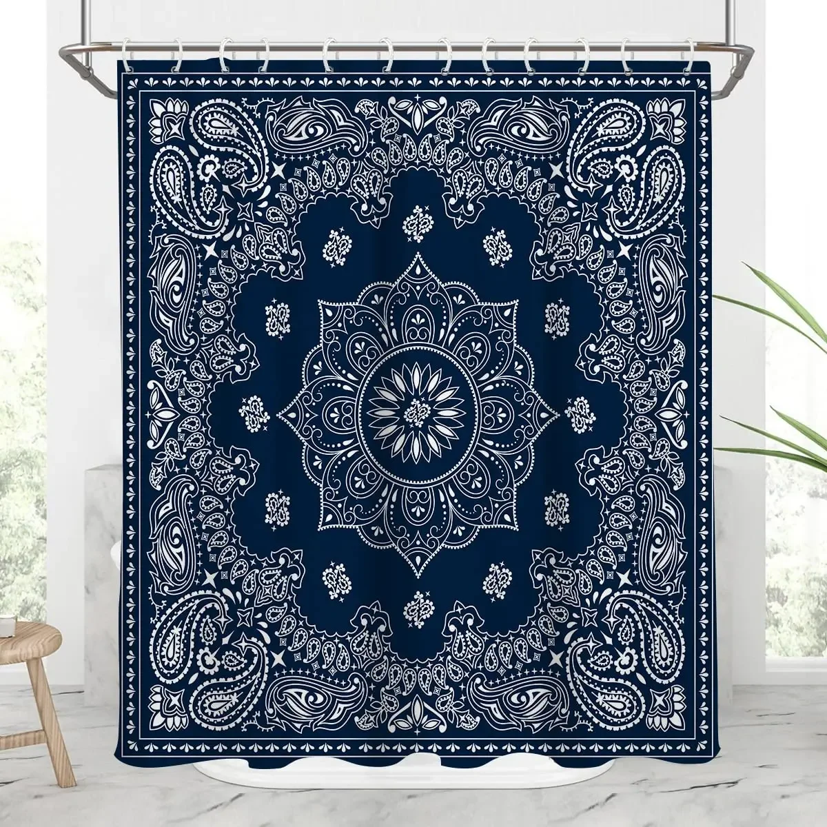 Bandana Southwestern Shower Curtain Paisley Navy Blue Boho Mandala Floral Bathroom Decor Polyester Fabric Waterproof with Hooks