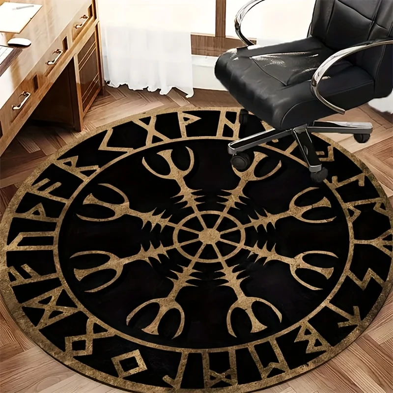 Nordic Viking Runes Round Rug – Black & Gold Crystal Velvet Non-Slip Mat for Living Room, Bedroom – Machine Washable
