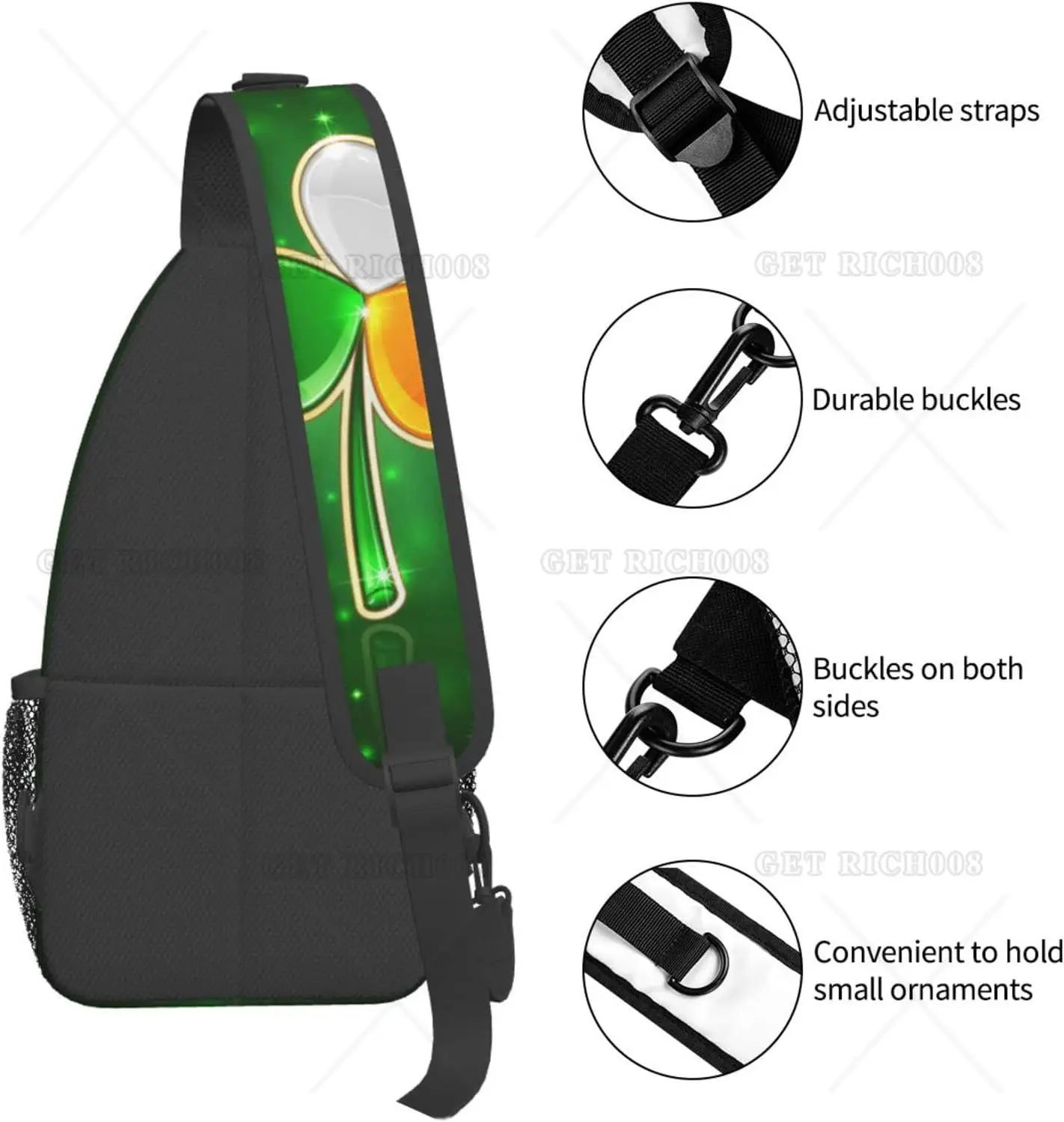 3-Farben-Klee-Rucksack zum St. Patrick\'s Day, süßer Kleeblatt-Umhängerucksack, Reisen, Wandern, Brusttasche, Tagesrucksack für Männer und Frauen