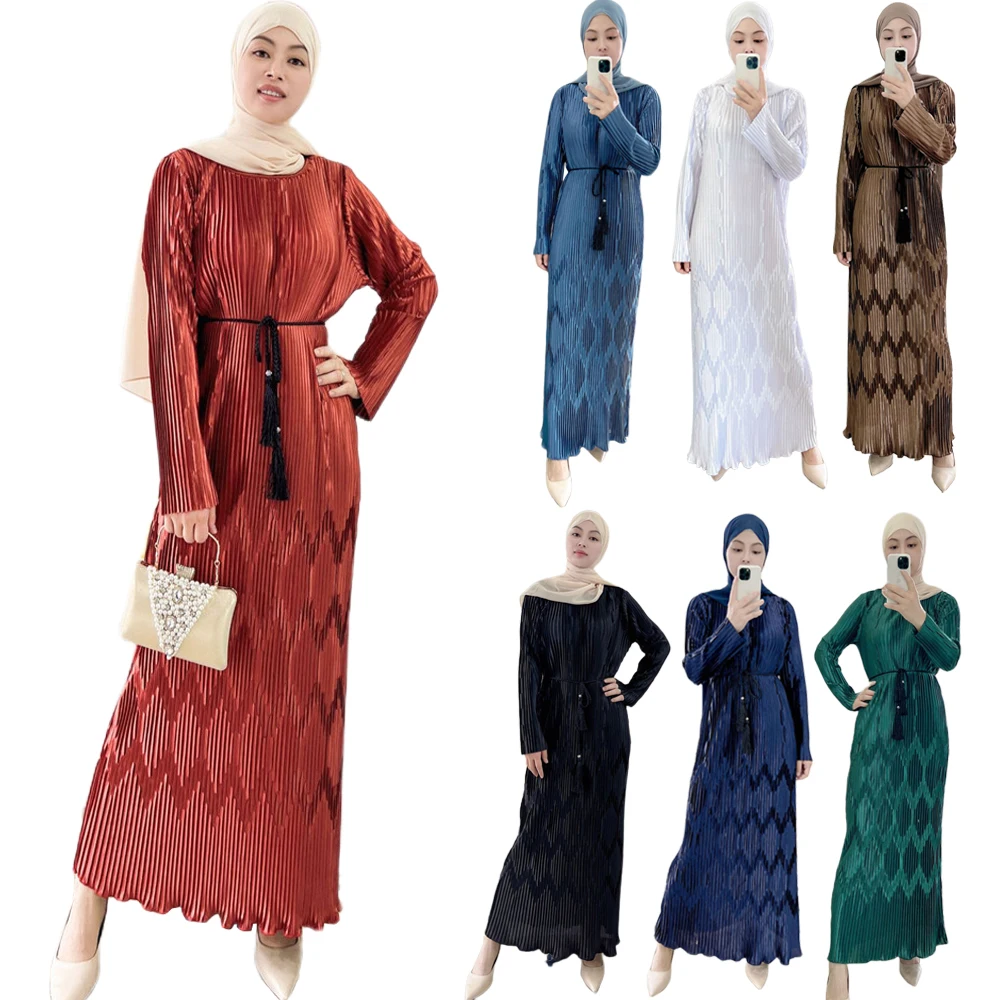 

Turkey Muslim Stretch Pleated Dress Women Abaya Kaftan Dubai Vestidos Islam Pakistani Arab Abayas Caftan Robe Solid Inner Dress