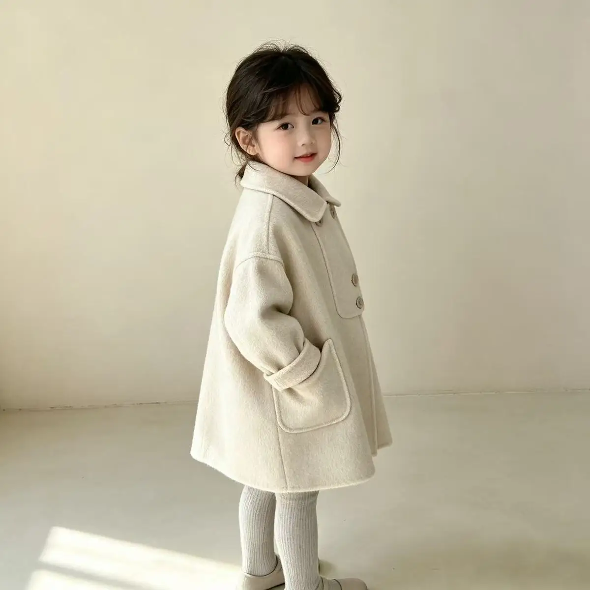 Kids Beige Wool Coat Autumn Winter Boys Girls Turn-down Collar Woolen Coat Children Outerwear 90-140cm