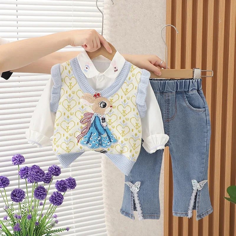 Children Fashion Kids Girls Causal Sweater Plaid Vest Shirt Pants Jeans 3 Pcs/Set Kids Infant Princess Clothing Toddler Tracksui