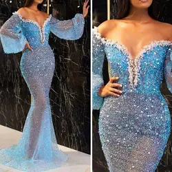 Luxury Sexy Deep V-Neck Sequins Blue Evening Dress Women Elegant V-back Wedding Party Long Prom Cocktail Dress Sequins Decor  ﻿