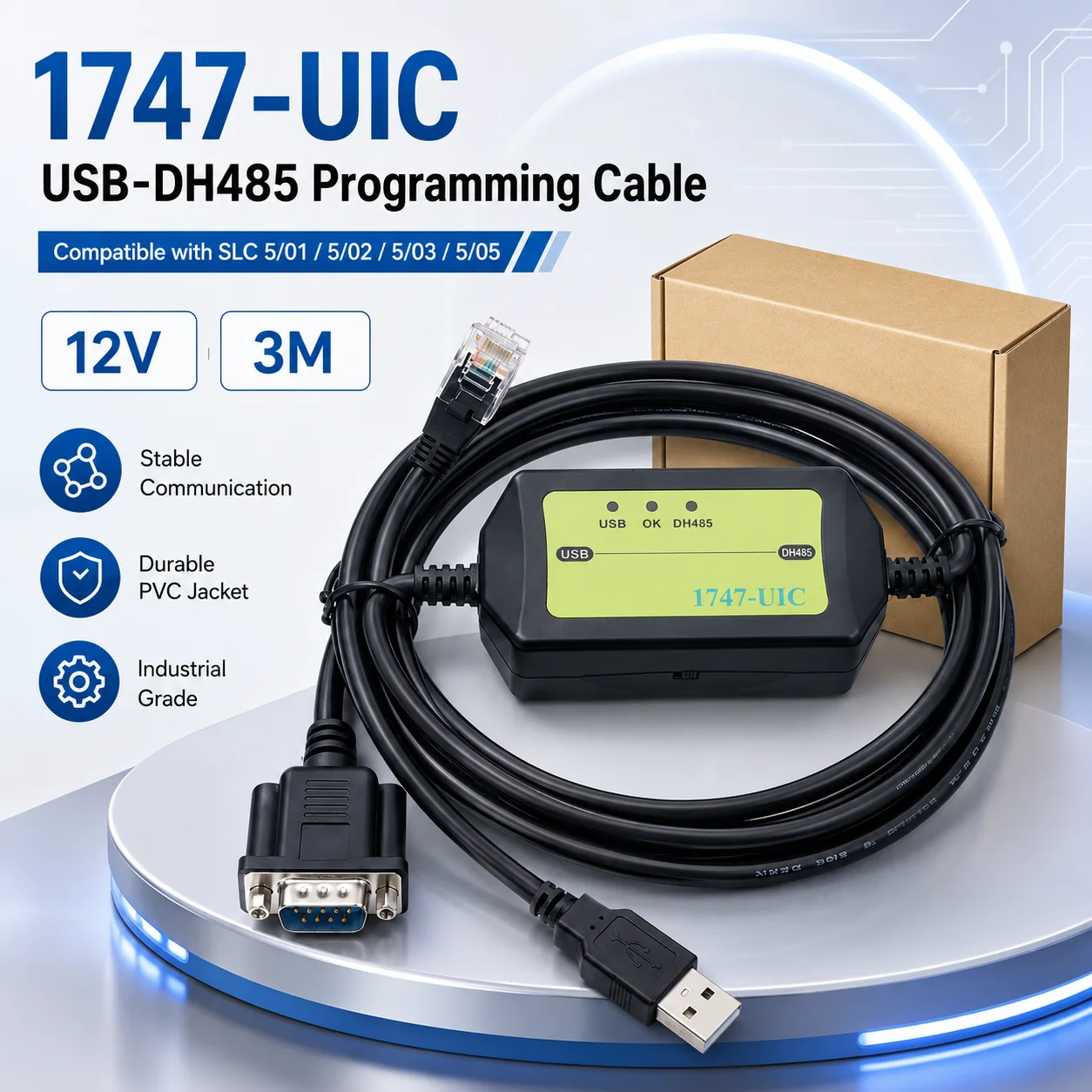 1747-UIC USB-DH485 PLC Programming Cable, 3M Data Download Lead for AB SLC 5/01 5/02 5/03 5/05, Stable Communication
