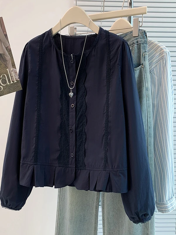 

Ruffle Hem Long Sve Lace Patchwork Peter Pan Collar Cotton Blend Casual Sle Women's irt Autumn Collection Youthful Dol...