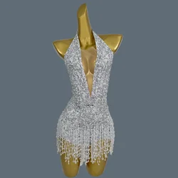 Women Sexy Backless Crystal Diamonds Beading Mini Rompers Luxury Evening Party Bar Nightclub Stage Performance Bodysuit