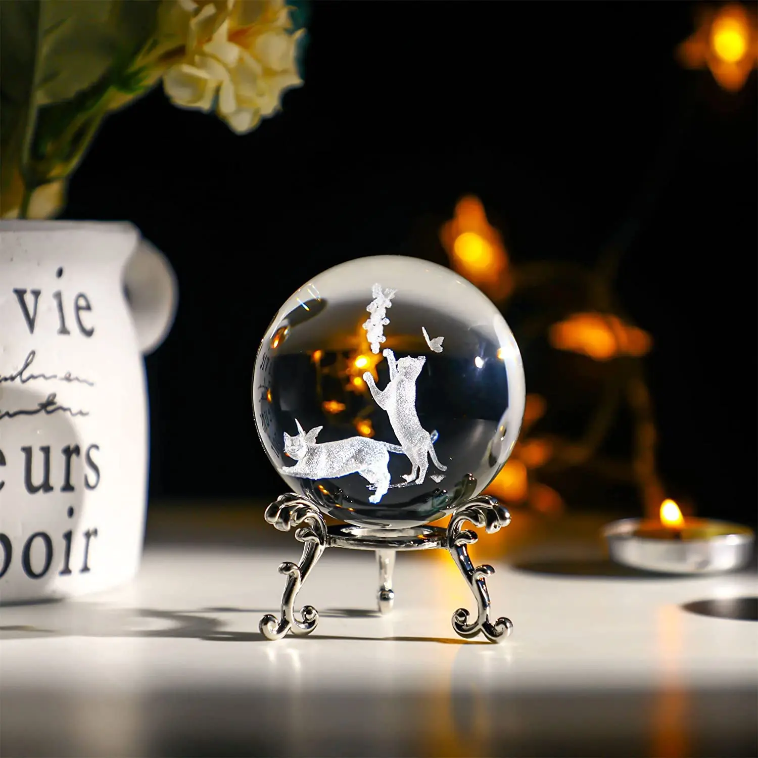 H&D Cat Crystal Ball with Stand 60mm 3D Engraved Decorative Glass Sphere Paperweight(Clear)