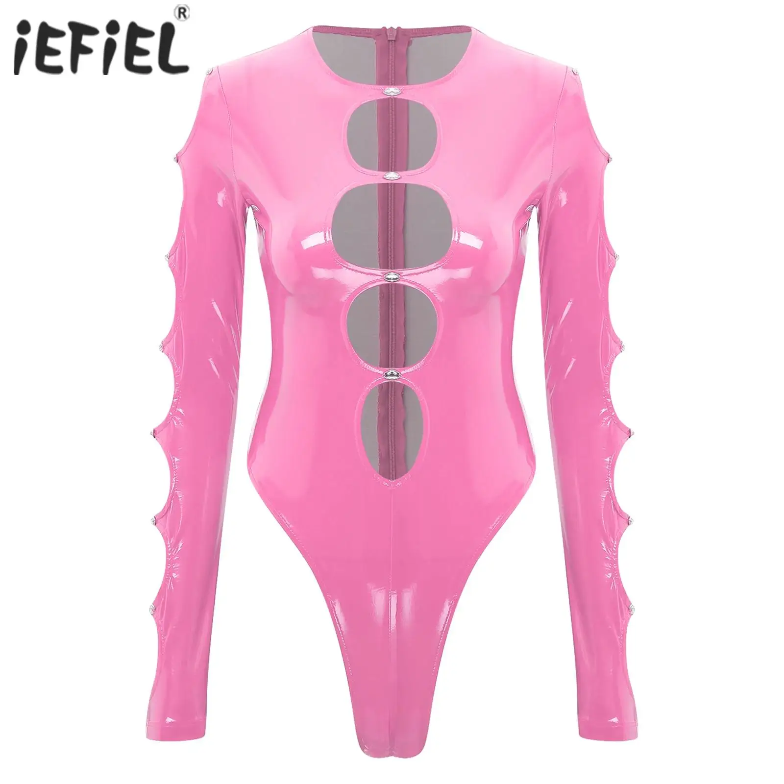 

Sexy Womens Lingerie Shiny Rhinestones Nail Bead Bodysuit One Piece Cutout PU Leather Teddies High-cut Back Zipper Body Tops