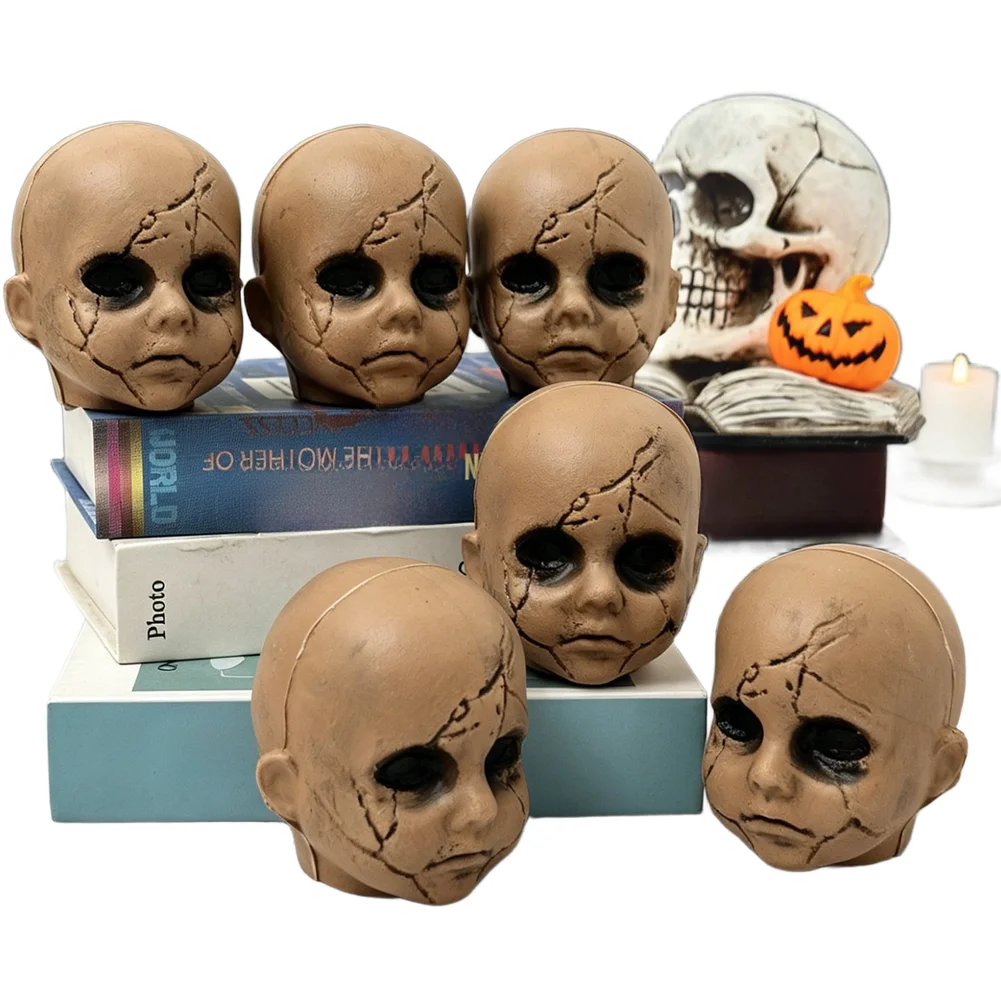 6pcs Cracked Doll Heads Mesh Bag Scary Props For Halloween House Party Yard Decor Horror Display Fake Face Set