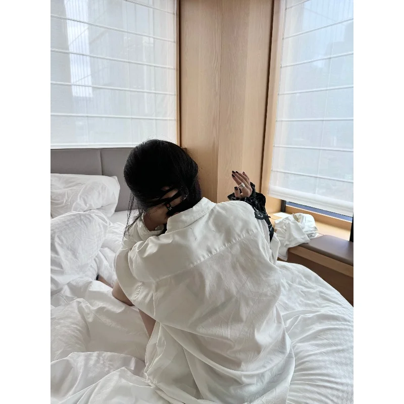 

Loose Fit Casual Long Sve irt Peachzhou Four Sewn Large Version Draped Collar Lazy Sle Cotton 00% Spring 2025