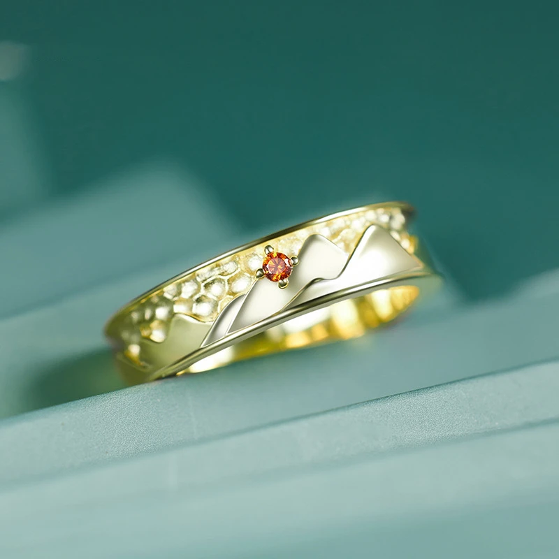 925 Sterling Silver 14K Gold Plated Red Zircon Women's Ring Sand Dune Pattern Designer Chic Unique Rings