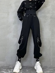 ZOKI Harajuku Women Cargo Pants Fashion Chain Gothic BF Sweatpants Black Elastic High Waist Streetwear Female Hip Hop Trousers