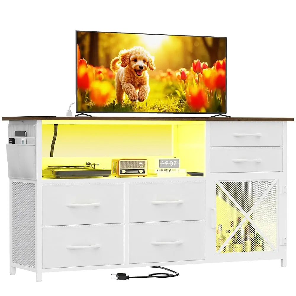 

Dresser For Bedroom With Led Lights, Tv Stand With Charging Station For 50 H Tv, 6 Drawers Chest With Door And Side Storage,