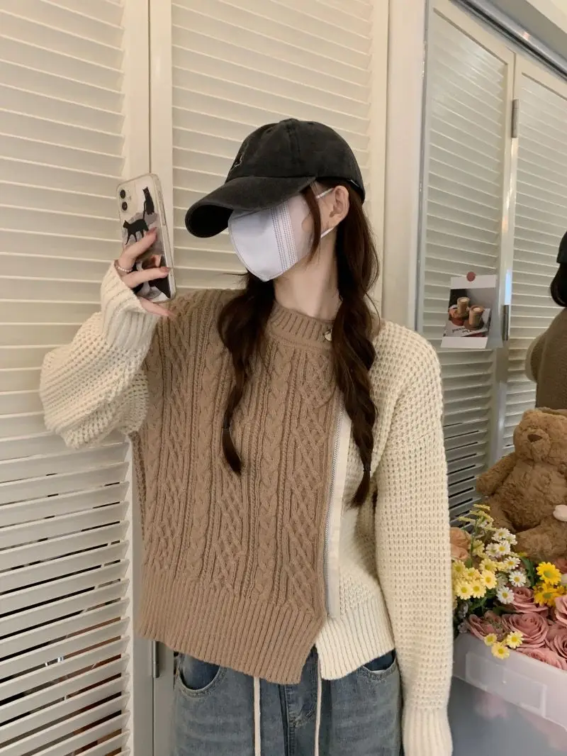 Colorblock zipper twist sweater jacket for women in spring, autumn and winter, loose short knitted cardigan top for small people