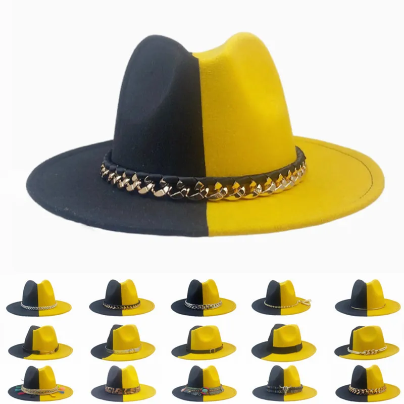 Women Black Yellow Fedoras Wide Brim Wool Vintage Patchwork Felt Fedora Hat Gentleman Men Women Summer Caps 58CM Jazz hats