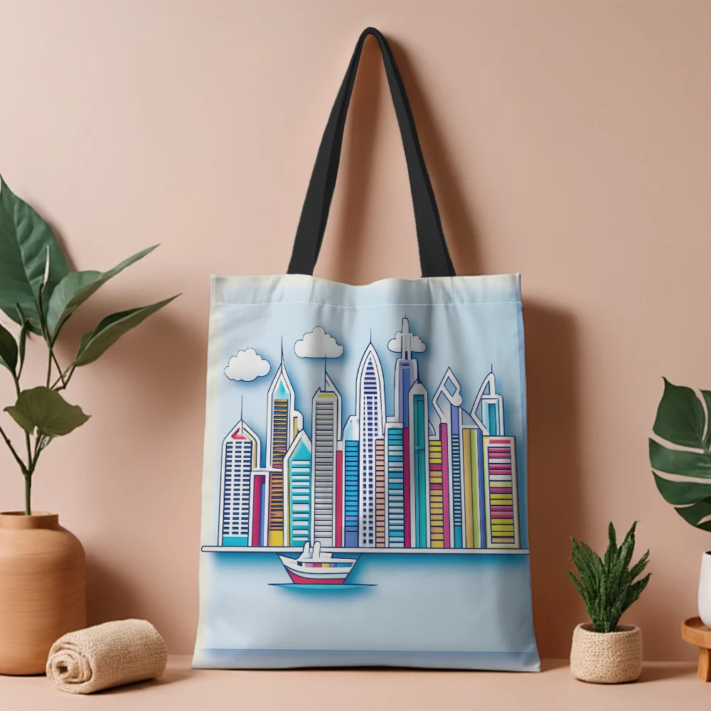 1Pc Riverside Ship Colorful City Silhouette Tote Bag For Women Boston Souvenir Gift Retro Boston Shopping Bag