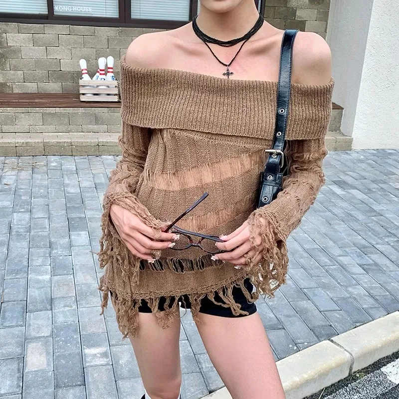 Sexy Lady Top for Autumn Long Sleeve Shoulderless Tassel Hem Hollow Out Knitting Pullovers Sweet Female Irregular Sweater Top