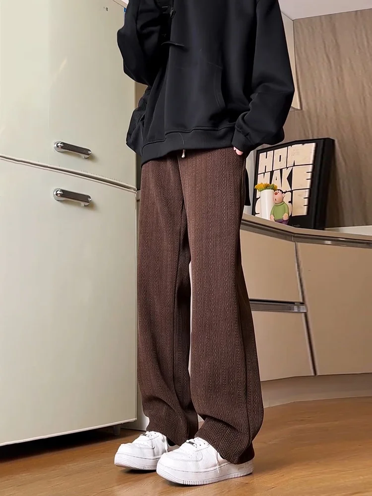 Caf Brown Thickened Fleece Lined Casual Pants Men's Winter Warm Thickened Retro American Style Snailir Leisure Trousers