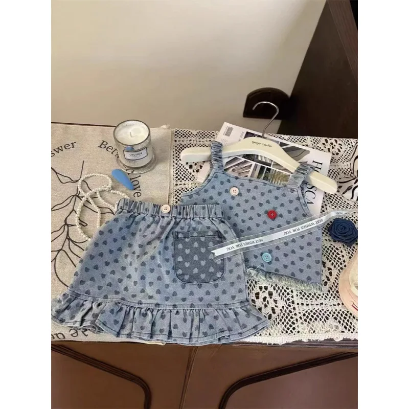 

Children's Outfit Skirt New Summer Girls' Denim Vest Top+Fashionable Two-Piece Set with Skirt and Bodycon Skirt