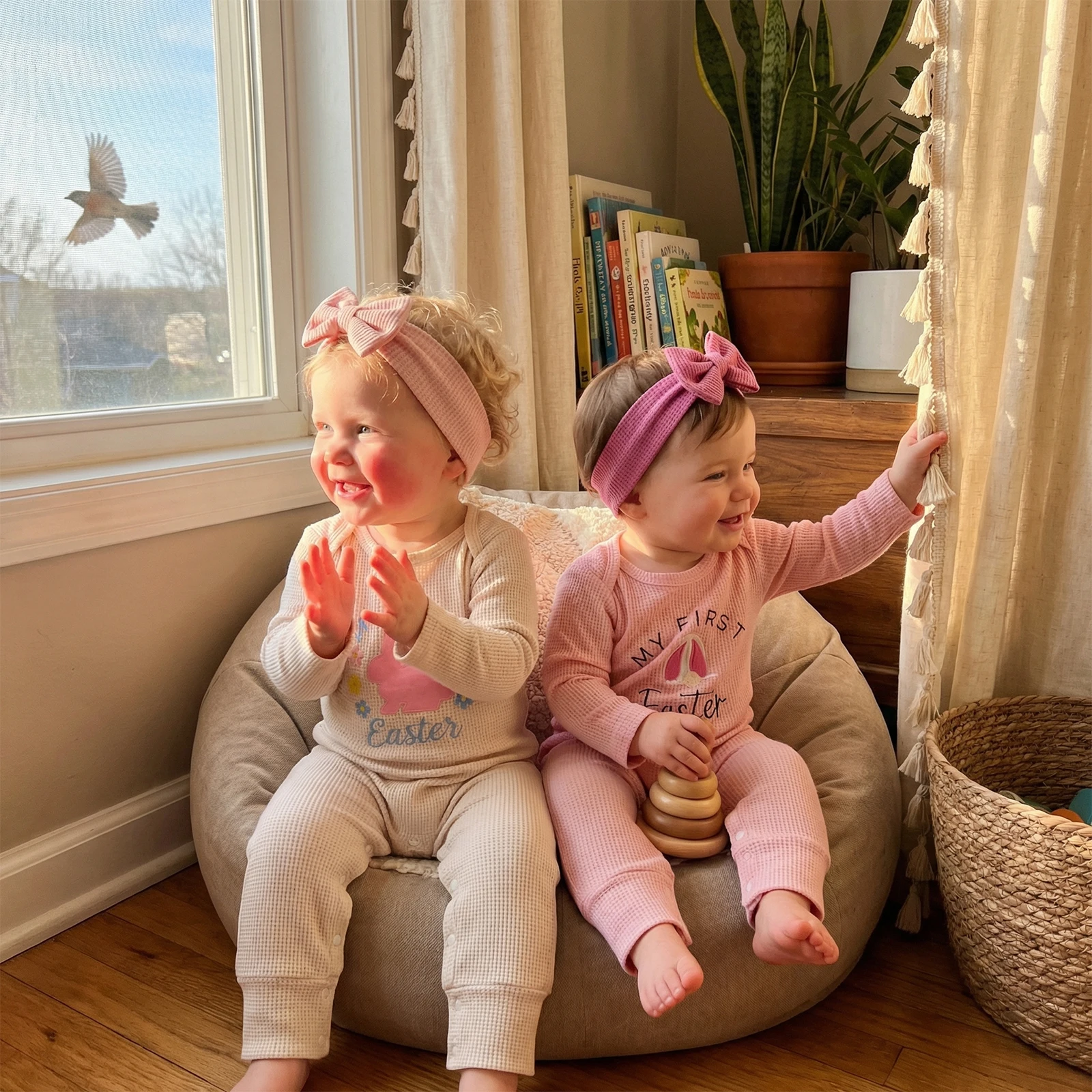 2026 Spring New Baby Girls Easter Outfits Bunny Letter Embroidered Crew Neck Long Sleeve Romper with Bow Headband 2 Pcs Set