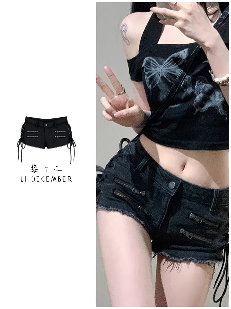 Women Black Gothic Emo Denim Shorts Low Rise A-line Hot Pants Nightclub Pole Dance Micro Jean Shorts Slim Bodycon Pants Summer