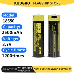 kuugro USB 18650 3.7V 2500mAh With PCB Type-C  Rechargeable Li-ion Battery for Flashlight Microphone Fan Electric Razor