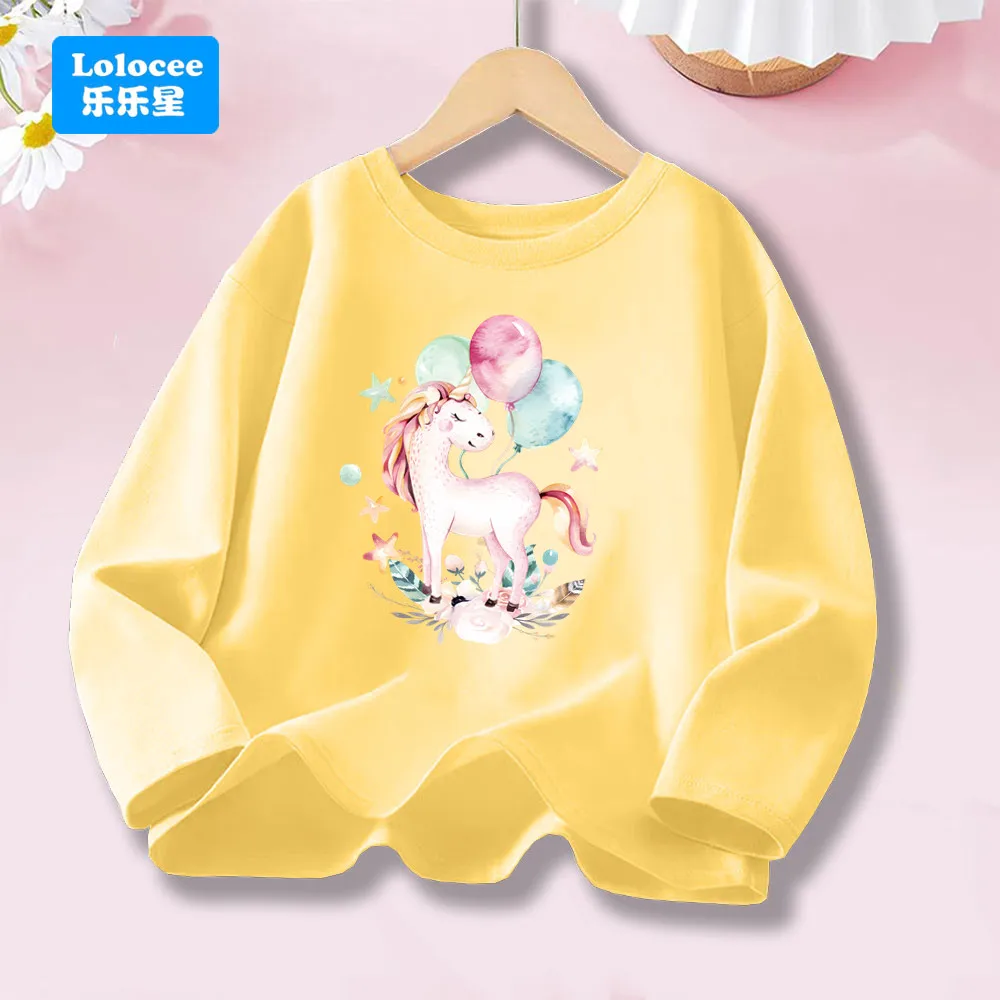 Niedliches Langarm-T-Shirt mit Einhorn-Ballon-Aufdruck für Kinder, lässiges, bequemes und modisches Frühlingsoberteil mit Rundhalsausschnitt für Mädchen DJSQQ1