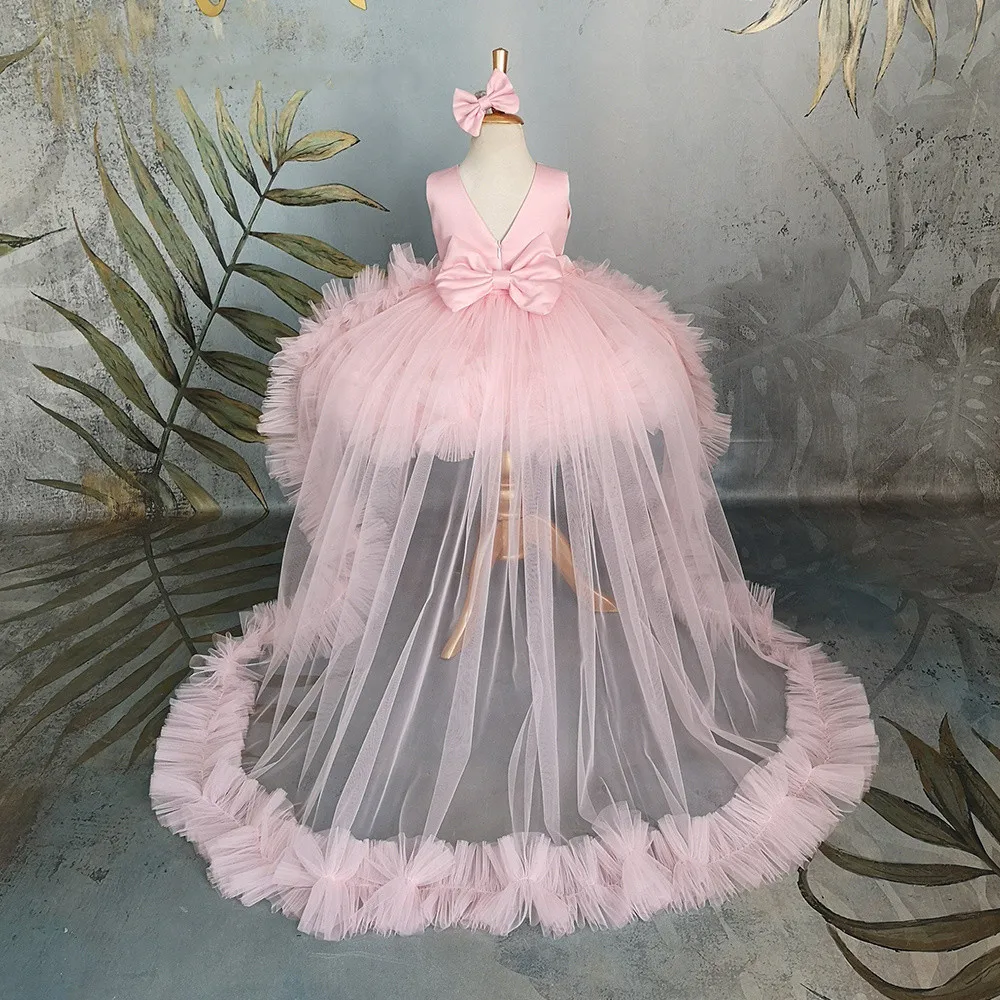 

Puffy Girl Dress Pink Tulle Baby Dress Detachable Train Flower Girl Dress Bow Cute Kid's Child Birthday Dresses Frist Communion