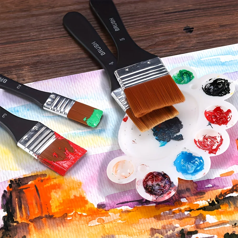 Fotografia 7: Pincéis de pintura planos e brilhantes com cabos de madeira, pincéis profissionais para base de artesanato, adequados para pintura acrílica, a óleo e aquarela.