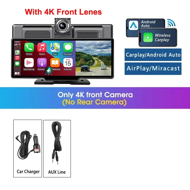 Srnubi 10.26 "Dash Cam Achteruitkijkspiegel Carplay Android Auto 4K DVR Navigatie Speler Dual Len Recorder Dashboard WIFI BT