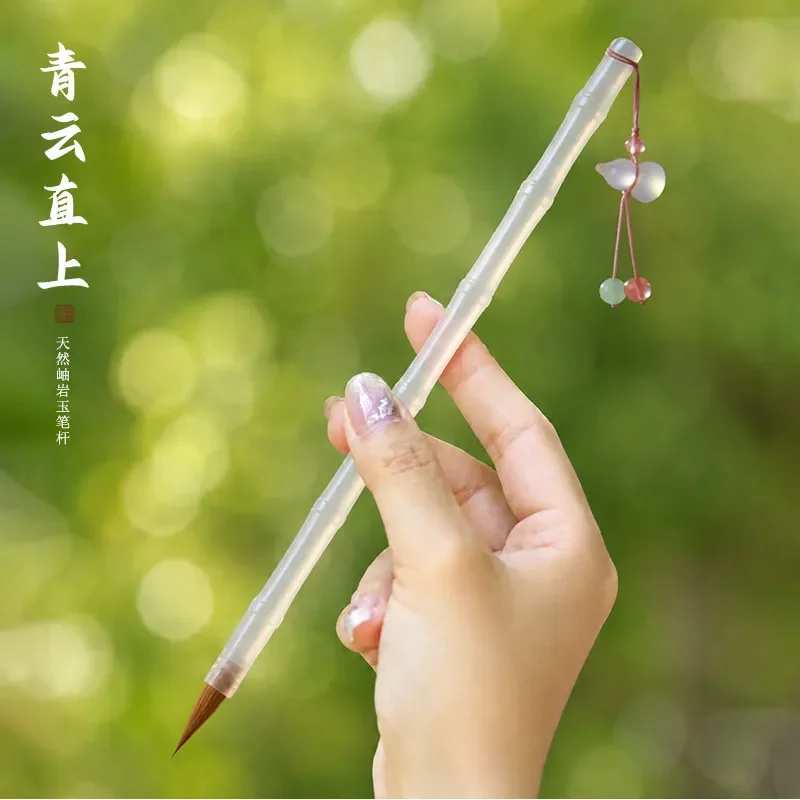 Professional Wolf Hair Calligraphy Brush with Natural Xiuyu Jade Pen Holder Hand Polished Engraved Small Case for Writing Art