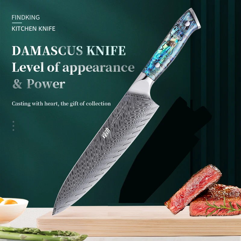FINDKING Gorgeous Series 8 inch Chef Knife Damascus Steel Abalone Shell Handle Kitchen Cutting Tools Best Choice Kitchen Knife