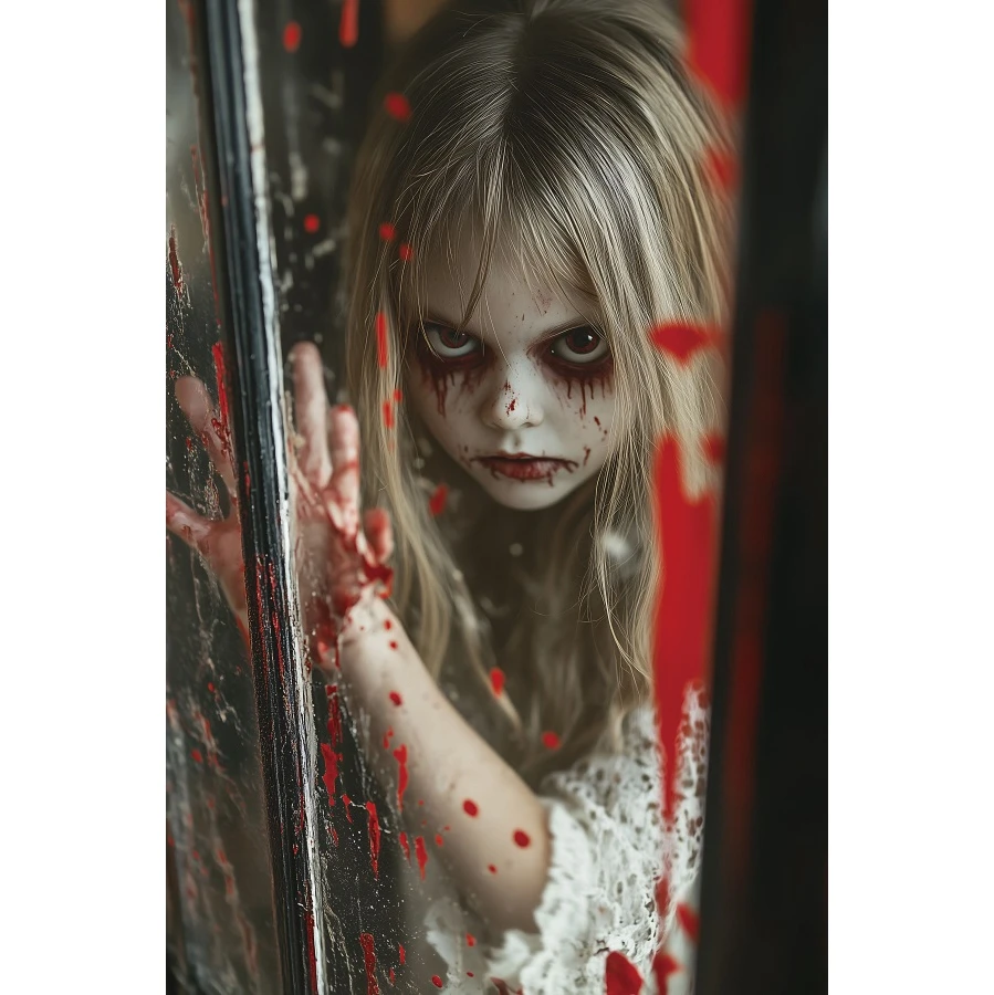 Halloween Horror Doll Backdrop Window Bloody Handprint Customizable Spooky Festivial Family Decorations Photography Backgrounds