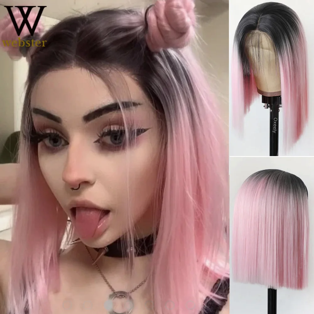 Webster Short Bob Lace Front Synthetic Wigs For Women Ombre Pink Straight Wigs Glueless Heat Resistant Hair Lace Front Wig