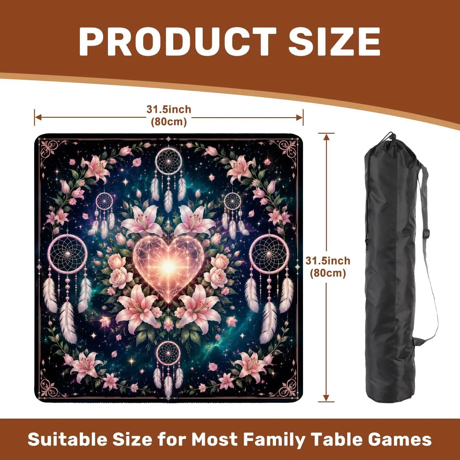3mm 31.5 Inch Luxury Neoprene Mahjong Mat Floral Heart Dreamcatchers Pink Galaxy Non Slip Noise Reduction for Mahjong Games