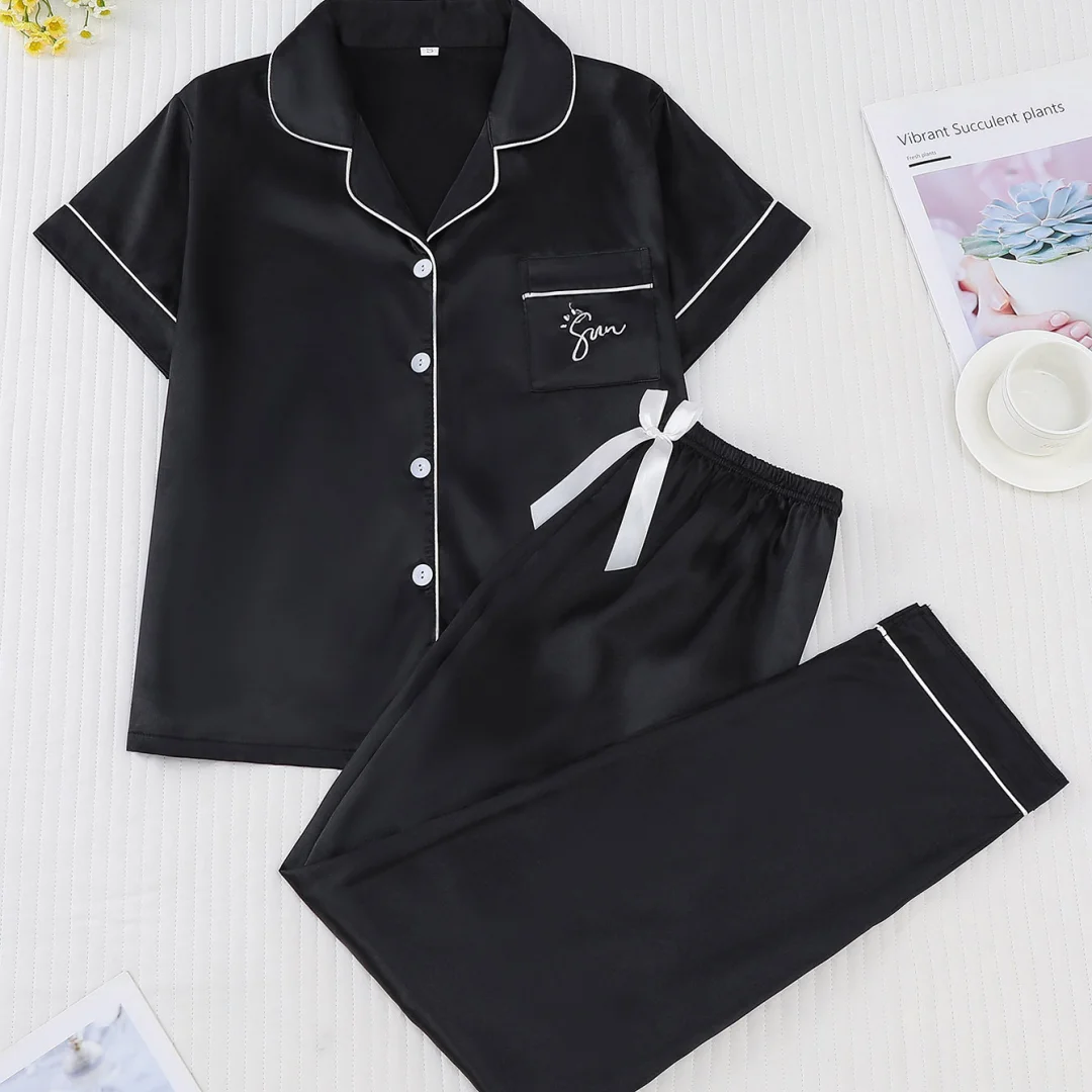 

Women's Pajamas Set Black Lapel Short-sleeved and Long Pants Loungewear Sleepwear Cardigan Home Wear Christmas Gifts