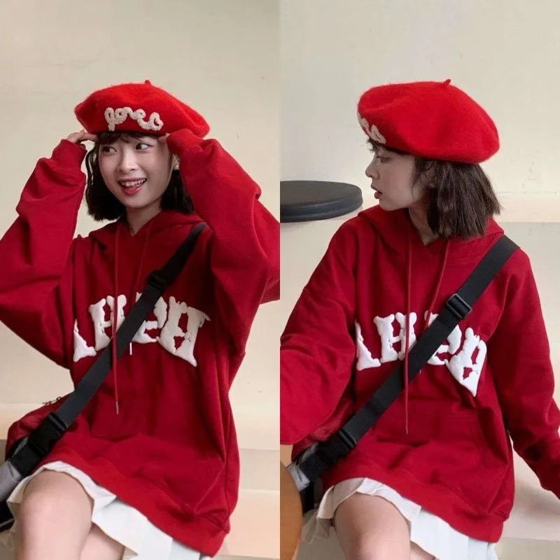 Christmas Red Hooded Sweatshirt Women Oversized Hoodie Harajuku Korean Fashion Long Sleeve Pullovers Preppy Look Aesthetic