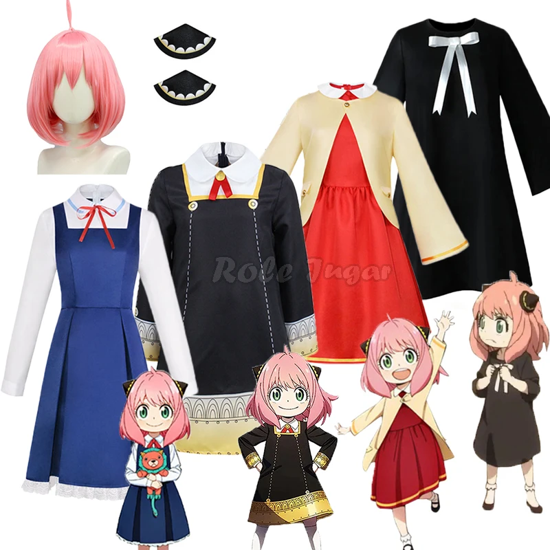 Anime Anya Forger Cosplay Costume para crianças, vestido preto Kawaii, roupas de festa Halloween, peruca para meninas, criança, mulheres