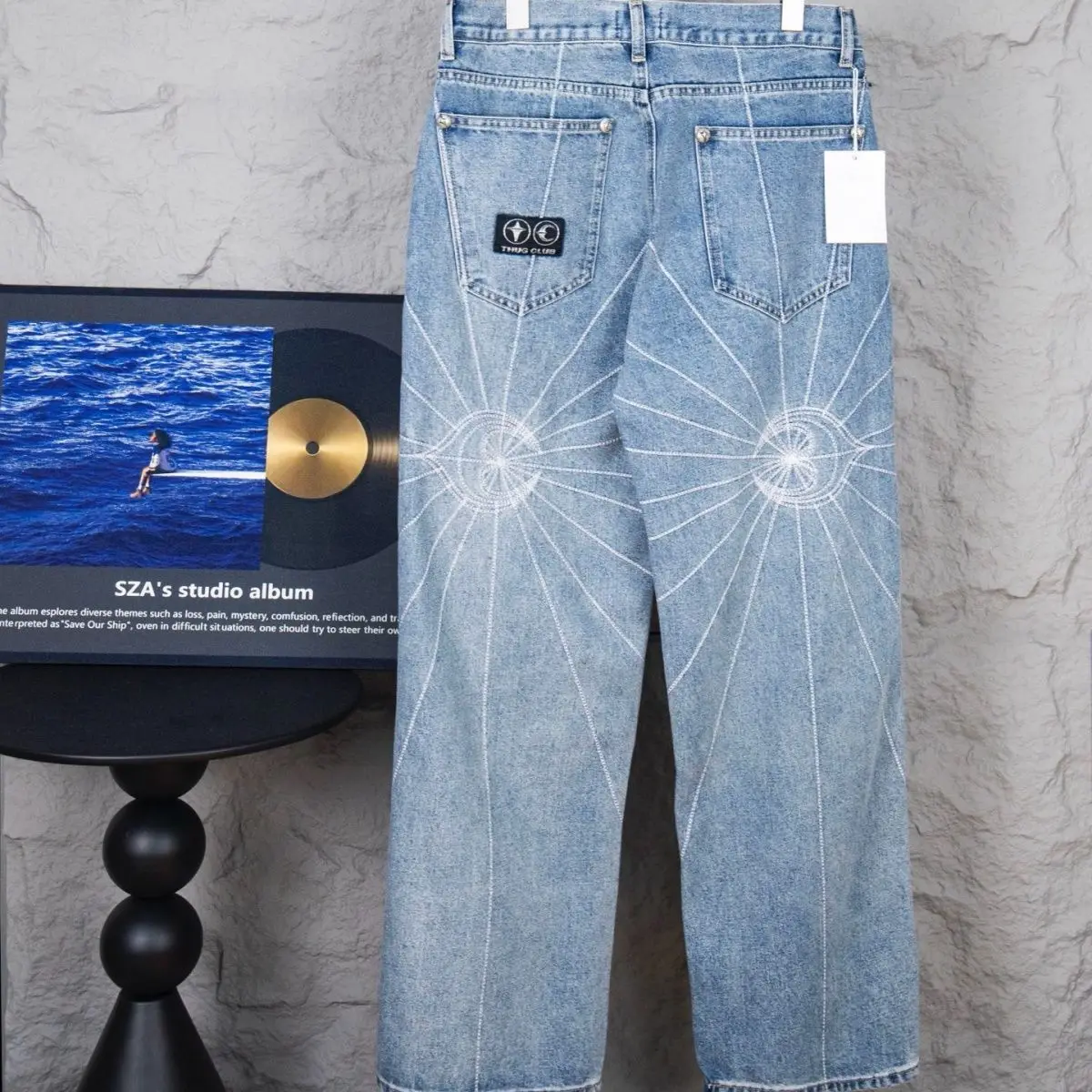 Women's Jeans High Waist One Side Plaid Shape Diamonds Wide Leg Denim Pants 2026 New Classic Straight Trousers