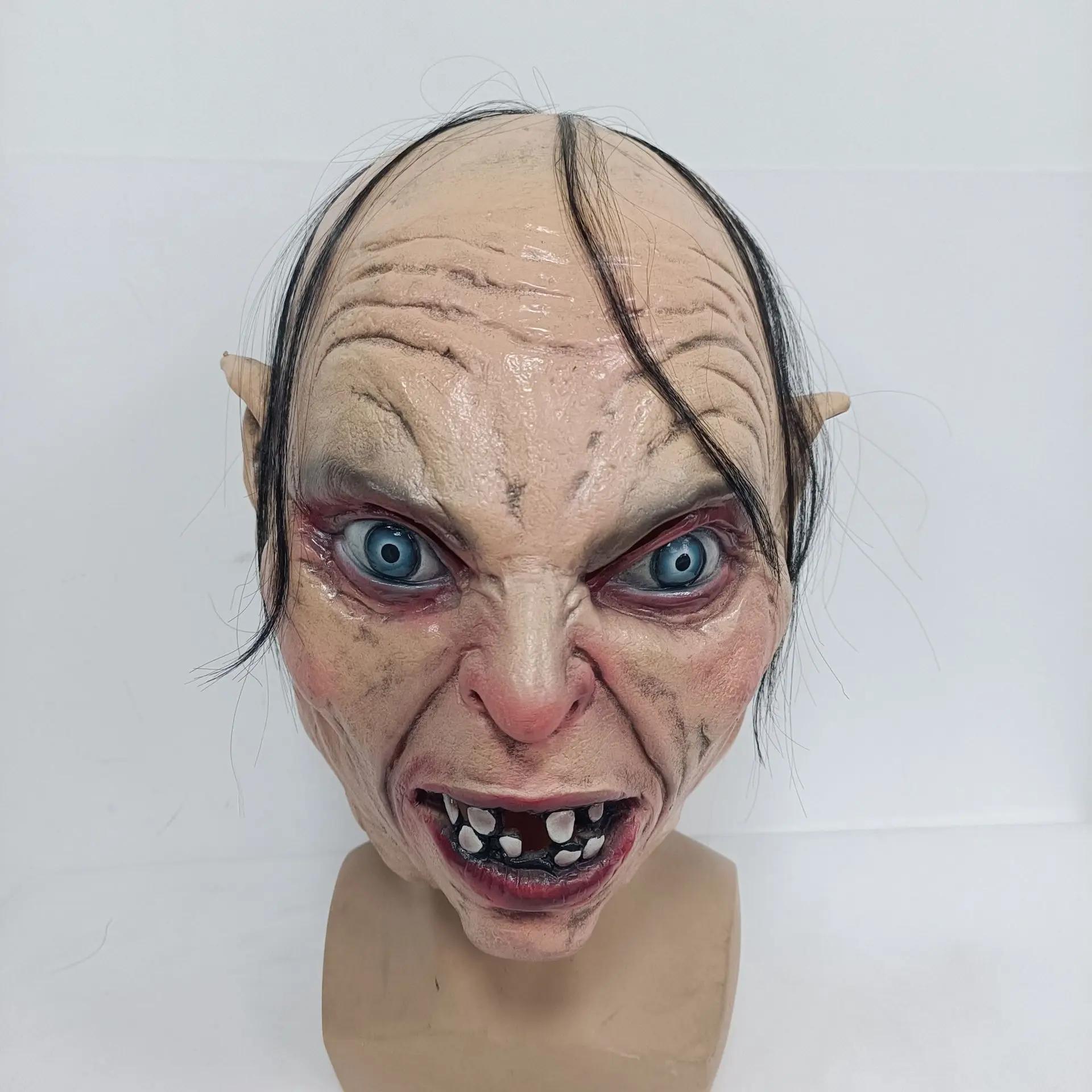 Gruselige Monster-Latexmaske mit Haaren und Spitzohren, Schreckliches Kreatur-Kopfteil für Halloween-Cosplay, Maskerade-Party-Kostüm-Requisiten – Detail 6