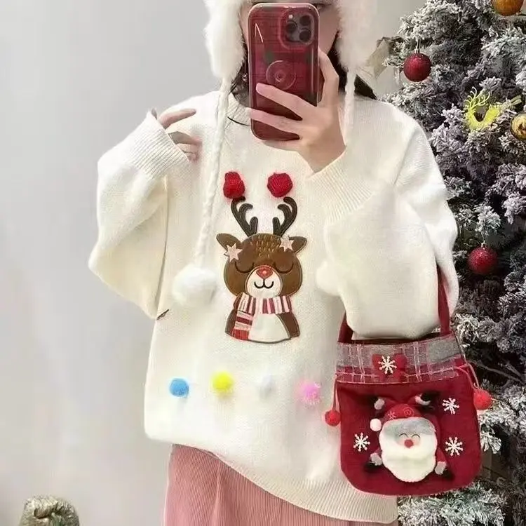 

Винтажный повседневный палевый рождественский трикотаж, свитер, джемпер, женский модный корейский трикотаж 2025 года, зимние свободные джемперы, пуловер