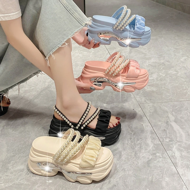 Summer High Platform Women Sandals Slip-On 9 CM Wedges Bling Shoes Fashion 2023 Outside Chunky Sandals Beach Casual Slides Woman