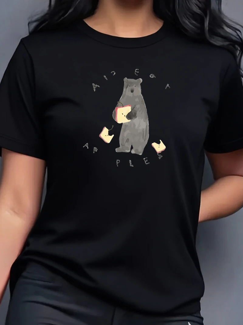 

100% хлопок, женская летняя свободная футболка с короткими рукавами и круглым вырезом с принтом «Мишка ест яблоко», топ