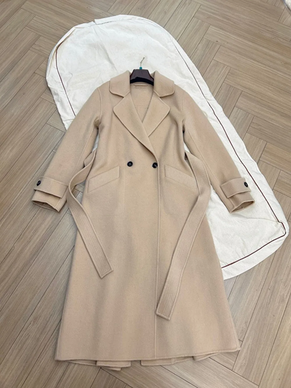 L*P Double-Faced Cashmere Coat Temperament Slim-fit Mid-Length Belted Trench Coat