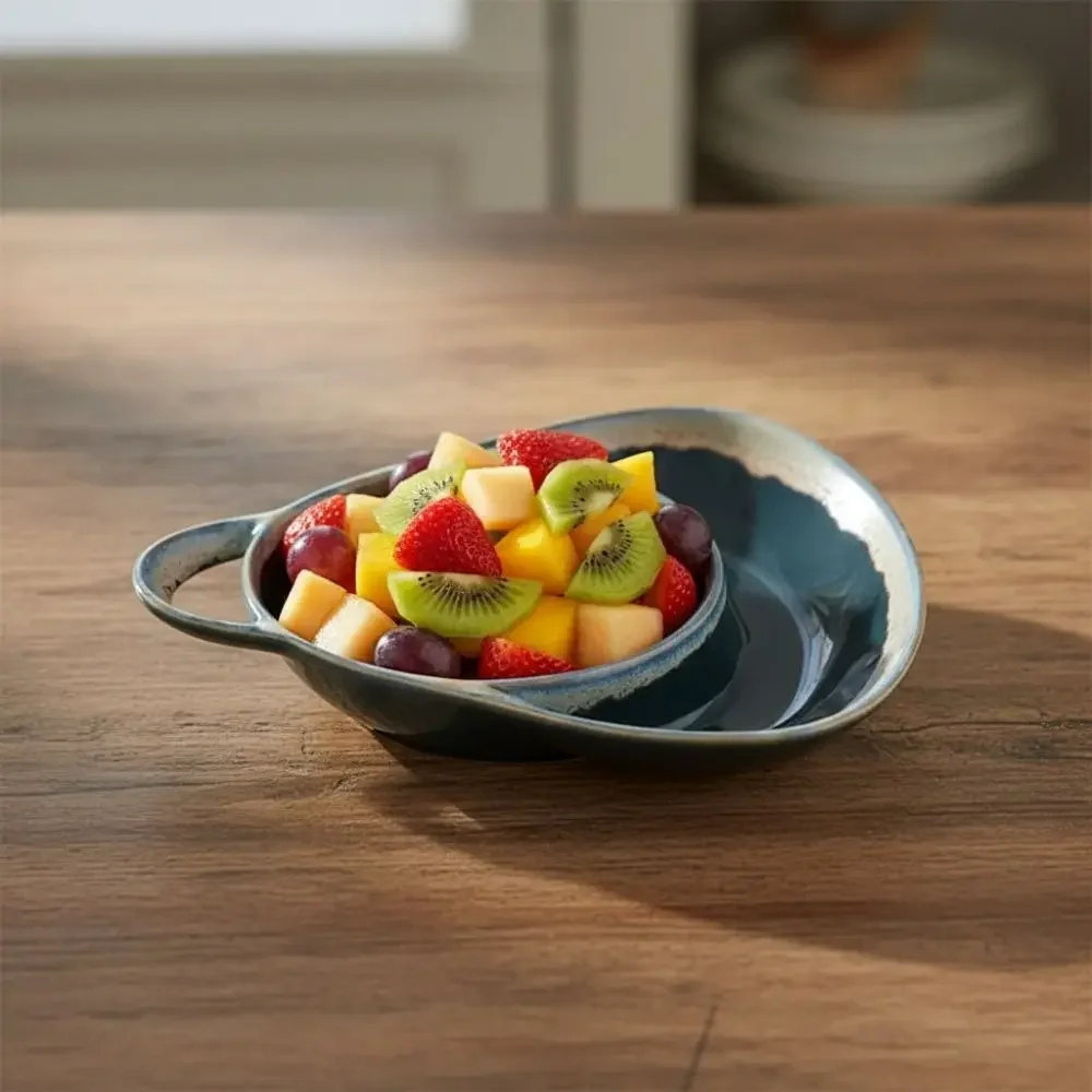 Ceramic Vintage Separated Fruit Salad Plate with Handle Heat-resistant Snack Plate Kiln-change Glaze French Fry Plate