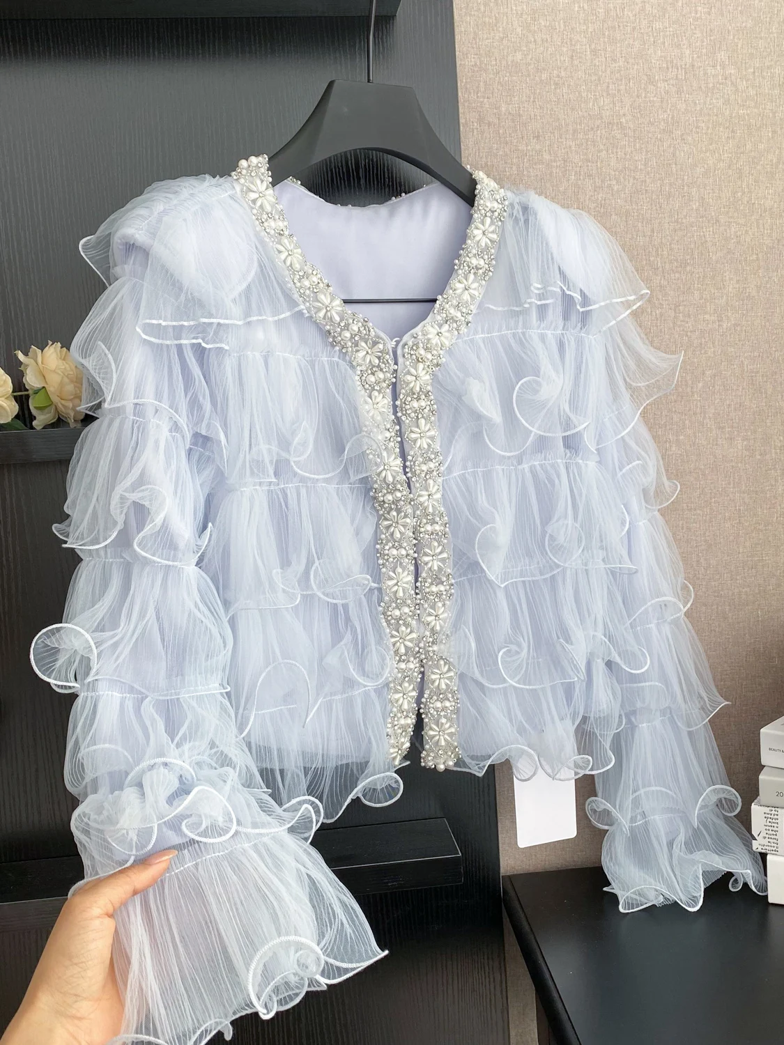 Ele Diamond Embedded V-Ne Open Vest Dames irt Luxe Sensation Parel Kant Stof Koreaanse Sle Loose Fit